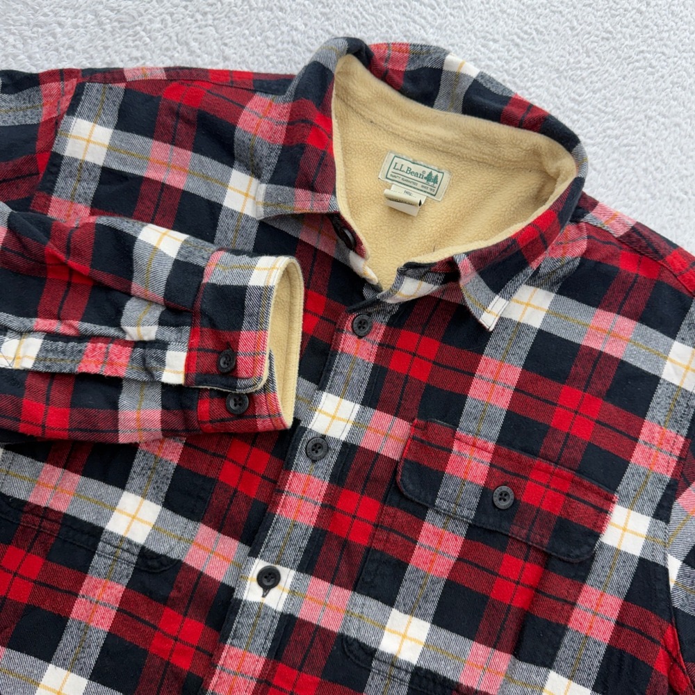 LL Bean Mens Fleece Lined Flannel Shirt Jacket Red Black Plaid Large Regular